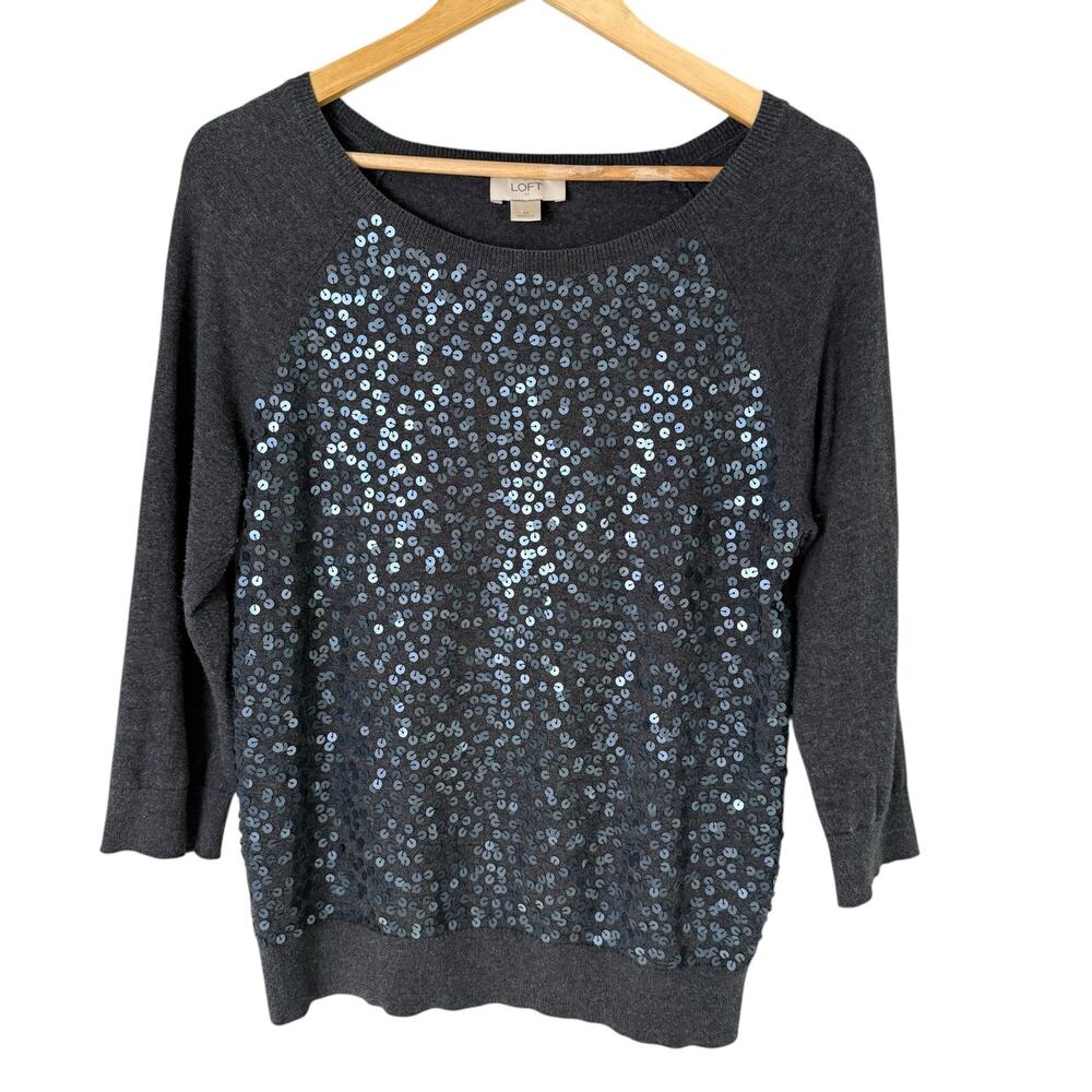 LOFT Sequin Cotton Sweater‎ in Charcoal Gray 3/4 Sleeves Boat Neck, Size Medium